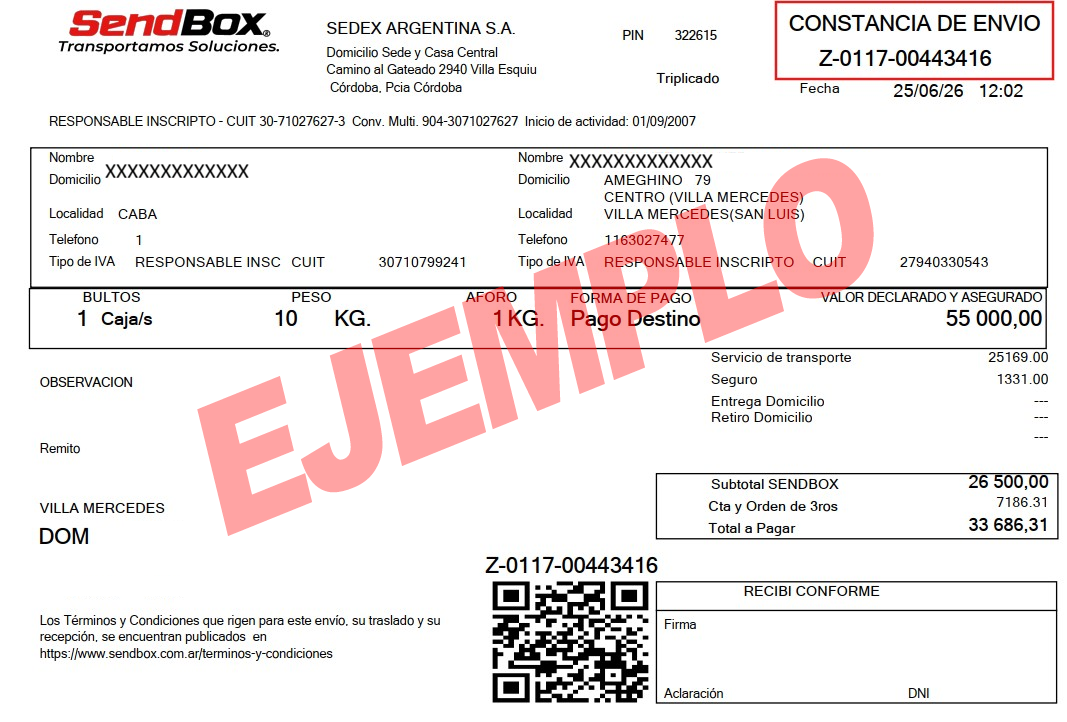 Ejemplo de etiqueta SendBox indicando dónde encontrar la Z y el número de guía