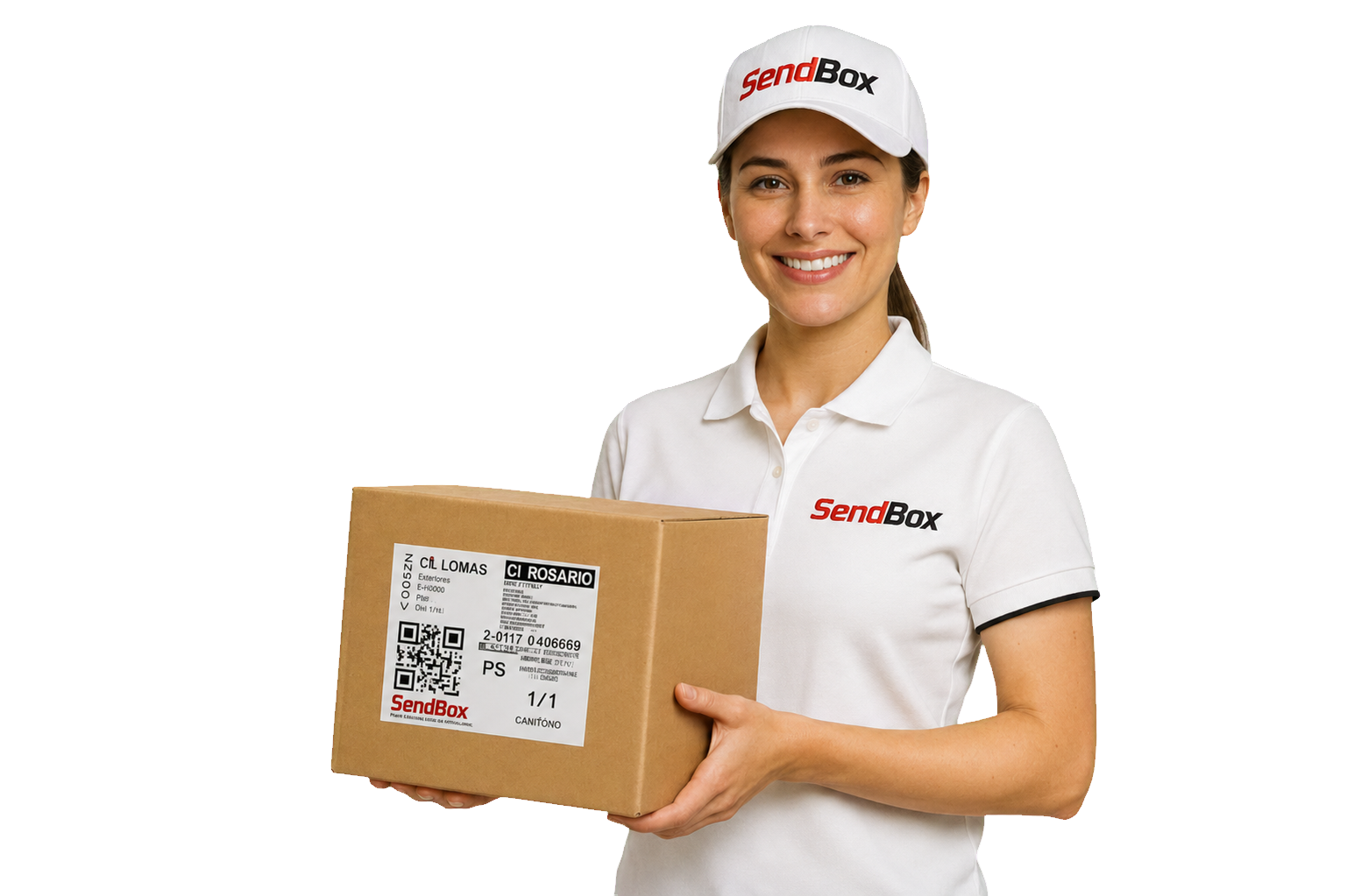 Repartidora de SendBox con un paquete